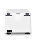 Compact Benchtop Microtube Centrifuge With Whisper Quiet Motor And Rock Solid Base Designed For Tiny Labs While Smoothly Spinning Eight Tubes, rear view with power connection.