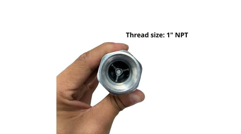 1-inch AG ISO 5675 hydraulic quick-connect Pioneer-style coupler, front-view, with NPT thread and yellow dust caps