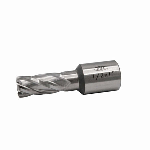 EST HSS M2AL annular cutter with Weldon shank, silver metal, marked 1/2 x 1