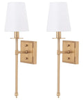 Sleek Modern Wall Sconces in Antique Brass Brush Finish With White Fabric Shade, Slim Metal Fixture for a stylish modern decor