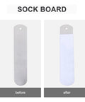 Aluminum Sock Jig Set For Sublimation 17.71 Inch 4 Pack Keeps Socks Flat And Straight During Heat Press Process Durable Metal Inserts For Crew Socks DIY Custom Printing shown with sock before and after application.