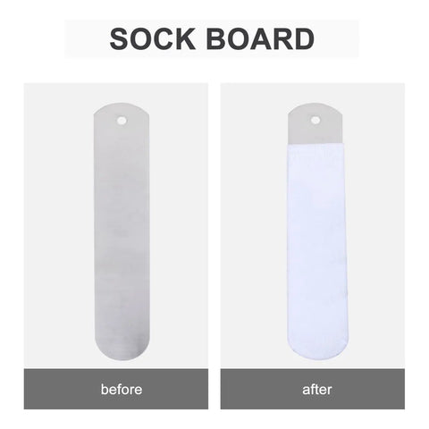 Two Pack Straight Sock Jigs Made From Aluminum For Heat Press Sublimation Printing with before and after sock image