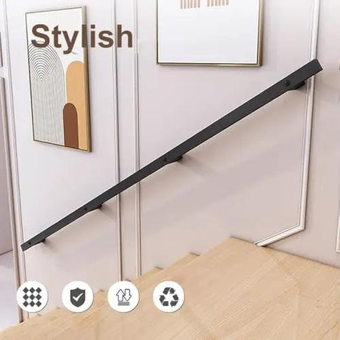 Heavy Duty Black Wrought Iron Stair Railing With Sick Super Grippy Treads For Indoor Outdoor All Weather Home Safety No Sweat Mount For Attic Porch Deck mounted on stylish staircase, showcasing sleek design.