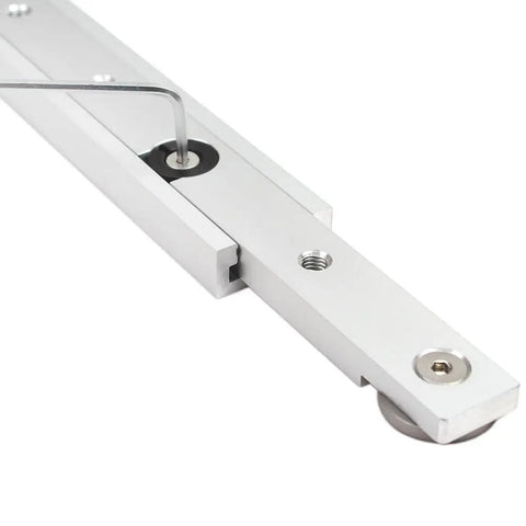Close-up view of Top Tier Anodized Aluminum Miter Bar And Rail Runner Slider Table Saw Gauge Rod with T slot track action.