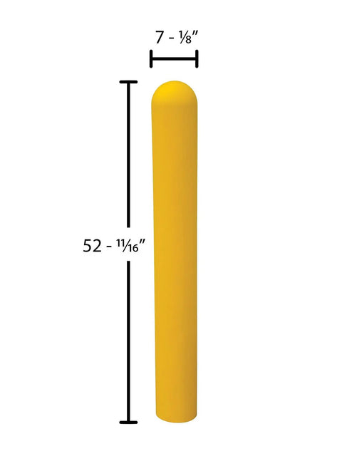 Slide On Yellow Bollard Post Cover For Warehouses Made From Durable Low Density Polyethylene Thermoplastic, 52-11/16" tall, 7-1/8" wide.