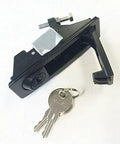 OWACH black compression latch, side view with locking bolt, metal strike plate, and two keys on a ring