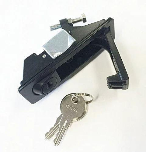 OWACH black compression latch, side view with locking bolt, metal strike plate, and two keys on a ring