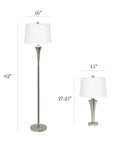 Tapered 3 Lamp Set With White Fabric Shades In Brushed Nickel, Includes 2 Table Lamps And 1 Floor Lamp with dimensions