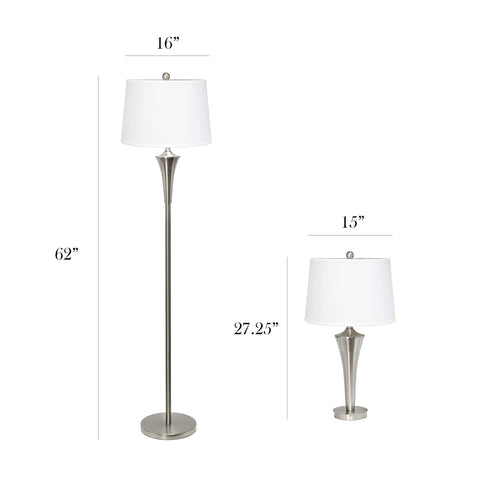 Tapered 3 Lamp Set With White Fabric Shades In Brushed Nickel, Includes 2 Table Lamps And 1 Floor Lamp with dimensions