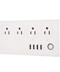 Rock Solid Wifi Smart Power Strip With Four Quick Charge Usb Ports And Voice Control Built Tough For Home And Office Plug And Play Energy Saving Compact Surge Protector with four outlets and USB ports.