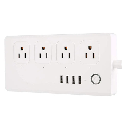 Rock Solid Wifi Smart Power Strip With Four Quick Charge Usb Ports And Voice Control Built Tough For Home And Office Plug And Play Energy Saving Compact Surge Protector with four outlets and USB ports.