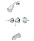 Tub And Shower Faucet With Porcelain Lever Handles In Polished Chrome Finish, 5 Inch Spout Reach, Wall Mount Design.