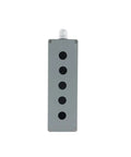 Outdoor cast aluminum junction box with five circular knockouts and top conduit inlet, gray finish.