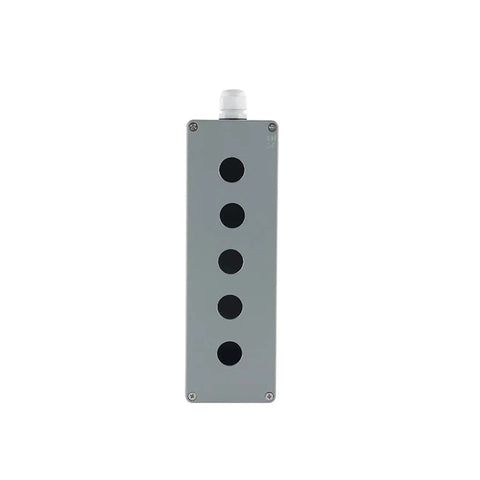 Outdoor cast aluminum junction box with five circular knockouts and top conduit inlet, gray finish.