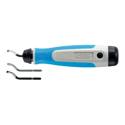 Noga heavy-duty deburr tool with 3 blades; blue-gray handle with visible logo front view
