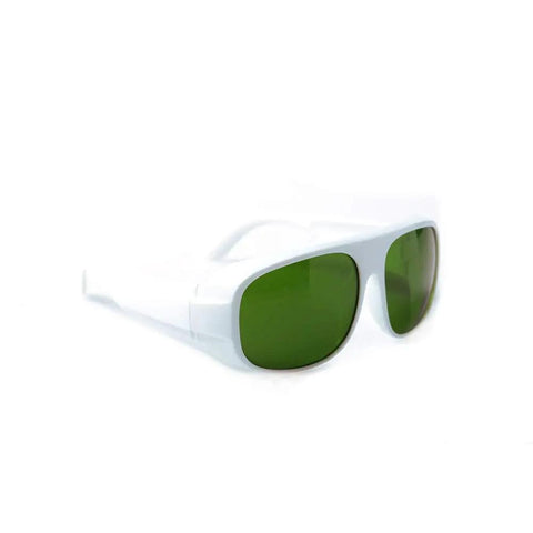 Top-Shelf Laser Protective Glasses Delivering Killer 200-1400nm Beam Blocking Coverage With 10% Light Transmission for Crystal Clear Vision During IPL Work and Heavy-Duty Photonic Optics Eyewear You Can Rely On, featuring green lenses and white frame.