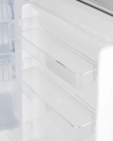 Adjustable door bins in the Slick Stainless Steel Undercounter All Freezer For Residential Space featuring clear plastic design.