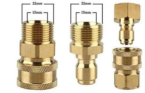 Three brass pressure washer adapters with M22-15mm male threads and 3/8-in quick-connect ends, front view.
