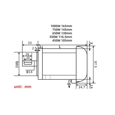 Technical drawing of 450W 220V Permanent Magnet Synchronous Brushless DC Motor With 80x80 mm Flange And 14 mm Shaft Includes Brushless Drive