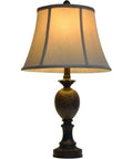 Resin and Marble Table Lamp in Bronze Finish With Round Taupe Beige Softback Shade Three Way Light for Bedside Desk