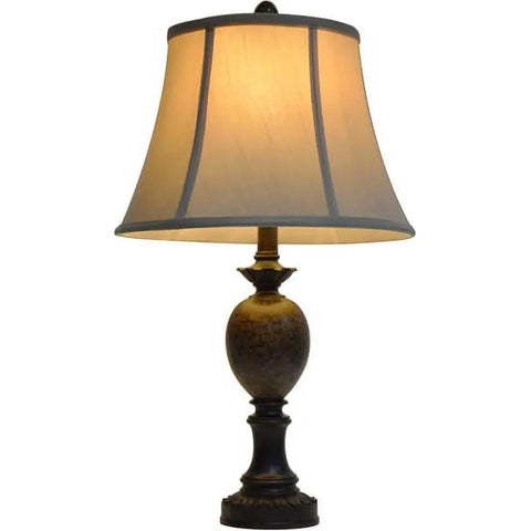 Resin and Marble Table Lamp in Bronze Finish With Round Taupe Beige Softback Shade Three Way Light for Bedside Desk