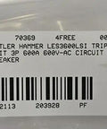 Label for Heavy Hitter 600 Amp Circuit Breaker Trip Unit With 3 Pole Layout And 600 Volt Ac Specs showing model and specifications.