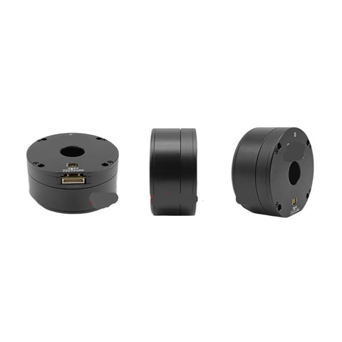 Side and front views of 0.99Nm 220RPM High Torque Robotic Arm Servo Motor With 19 Bit Encoder MHF7015 in black aluminum body for precision robotics.
