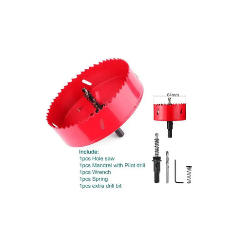 2-1/2 Inch HSS Bi-Metal Hole Saw Cutter With Pilot Drill Bit, includes red hole saw and accessories for wood, plastic, drywall, and metal.