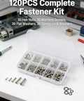 120 Piece Stainless Steel Screw Kit With M2 To M5 Hex Nuts Round Head Machine Screws Flat Washers And Spring Washers 304 Stainless Hardware Set For Electronics DIY Repair And Maker Projects displayed on a table in an open plastic case