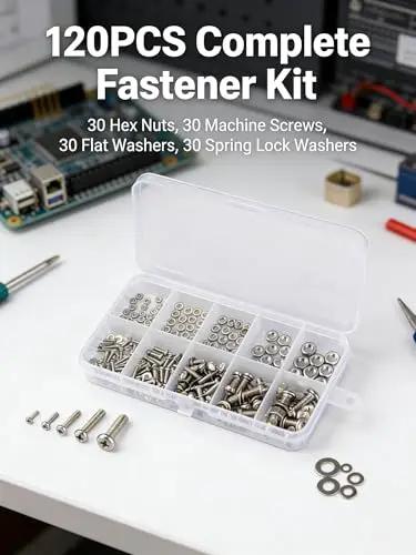 120 Piece Stainless Steel Screw Kit With M2 To M5 Hex Nuts Round Head Machine Screws Flat Washers And Spring Washers 304 Stainless Hardware Set For Electronics DIY Repair And Maker Projects displayed on a table in an open plastic case