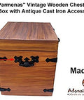 Wooden chest trunk with Phicol Antique Cast Iron Cabinet Ring Drop Pulls Pack Of 2 Matte Black for rustic hardware use.