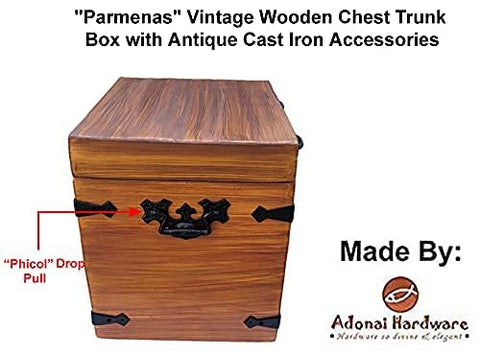 Wooden chest trunk with Phicol Antique Cast Iron Cabinet Ring Drop Pulls Pack Of 2 Matte Black for rustic hardware use.