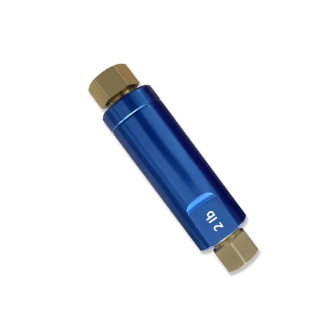 IMOOA blue 2 lb disc brake residual pressure check valve with brass fittings angled side view