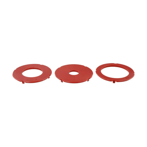 Rock Solid Router Table Insert Rings 3 Piece Set For Bosch RA1171 RA1180 RA1181 Models red plastic rings showing different sizes.