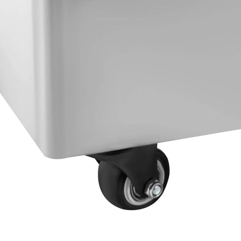 Close-up of the wheel on the Game Changer 55L Commercial Oil Filter Machine With Stainless Steel Fryer Tank And Foldable Cart.