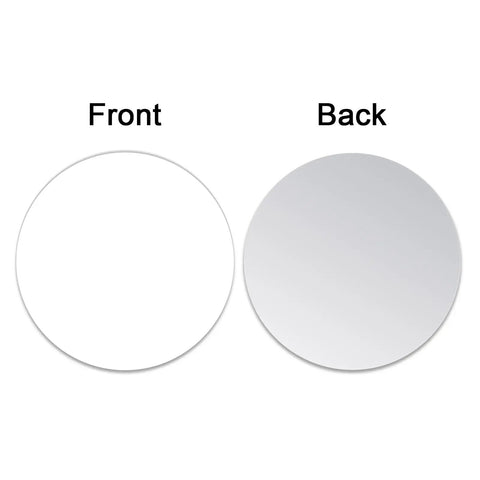 Front and back view of 100 Pcs 1.5 Inch Round Sublimation Blank Aluminum Sheets For Heat Transfer Projects Like Breast Pins and more, 0.025 inch thick.