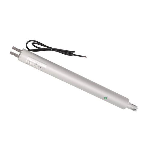 Heavy Duty 12V Tubular Electric Linear Actuator With Planetary Gear Reduction And Tough As Nails Aluminum Housing For IP67 Waterproof High Speed 200mm Stroke Operation Offering Plug And Play Rv Install Or Industrial Setup Straight Up Reliable Performance, silver aluminum body with wires.