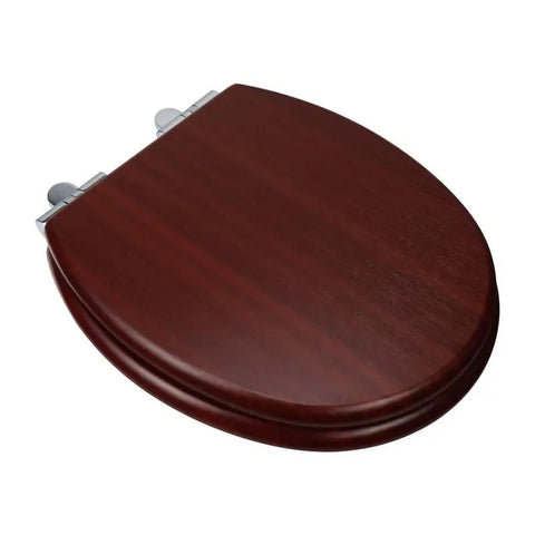 Standard 17 Inch White Toilet Seat Slow Close Soft Drop Lid High Density Board Core Easy Wipe Finish Quick Mount No Sweat Setup Solid Daily Driver For Modern Bathrooms in dark wood finish.