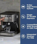 Semi-Automatic Espresso Machine With 15 Bar Pressure, grounds or ESE pods compatible, built-in milk frother shown in kitchen