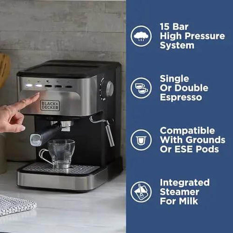 Semi-Automatic Espresso Machine With 15 Bar Pressure, grounds or ESE pods compatible, built-in milk frother shown in kitchen