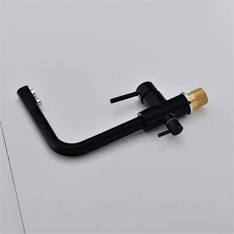 Black Kitchen Faucet with 360° SwivelDual Handle Water Filter TapDeck-Mounted Mixer with Aerator3-Way Design shown from side view.