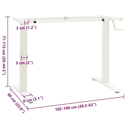 Slick Hand Crank Standing Desk Frame With Smooth Height Adjustment Setup, Rock Solid Carbon Steel Sit Stand Base dimensions.