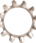 Front view: 3/4 inch external tooth lock washer, serrated zinc-plated steel, pack of 10