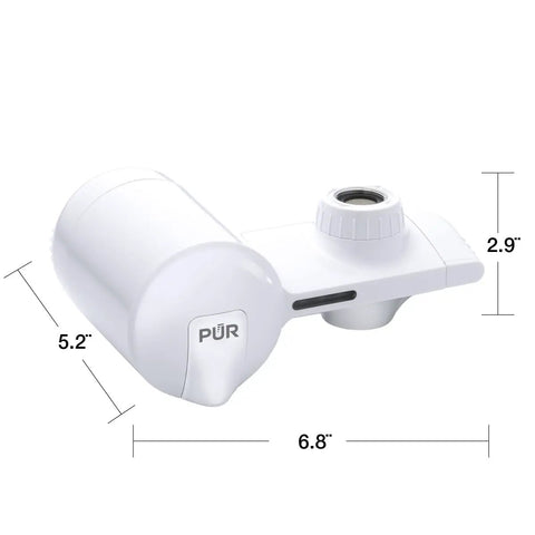 Faucet Mount Water Filtration System For Cleaner Tap Water Lasts 100 Gallons Easy Tool Free Installation Fits Standard Kitchen Or Bathroom Faucets White, showing side and top dimensions.