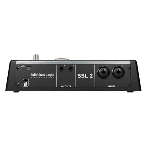 Back panel of a 2x2 USB Audio Interface With Dual Mic Preamps, 32-Bit 192 kHz AD and DA, showing inputs and outputs.