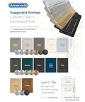Amerock suggested pairings for cabinet color and hardware finish with various color and finish samples displayed.