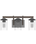 Rustic Faux Wood Three Light Farmhouse Vanity Light With Clear Glass Shades Distressed Black Backing And Decorative Panels