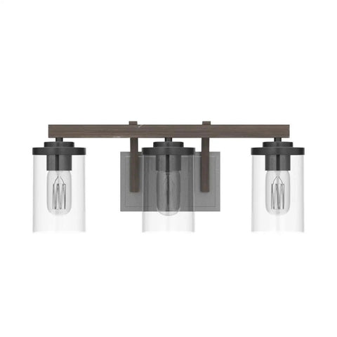 Rustic Faux Wood Three Light Farmhouse Vanity Light With Clear Glass Shades Distressed Black Backing And Decorative Panels