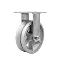 Top Shelf Six Inch V Groove Semi Steel Wheel Rigid Caster Featuring Heavy Duty Roller Bearings For Buttery Smooth Gliding On Factory Floors Rock Solid Build Silver Finish close-up of caster wheel with metal frame.
