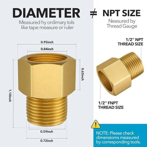 Front view brass pipe adaptor, 1/2" NPT female to 1/2" NPT male, hex body, high-pressure